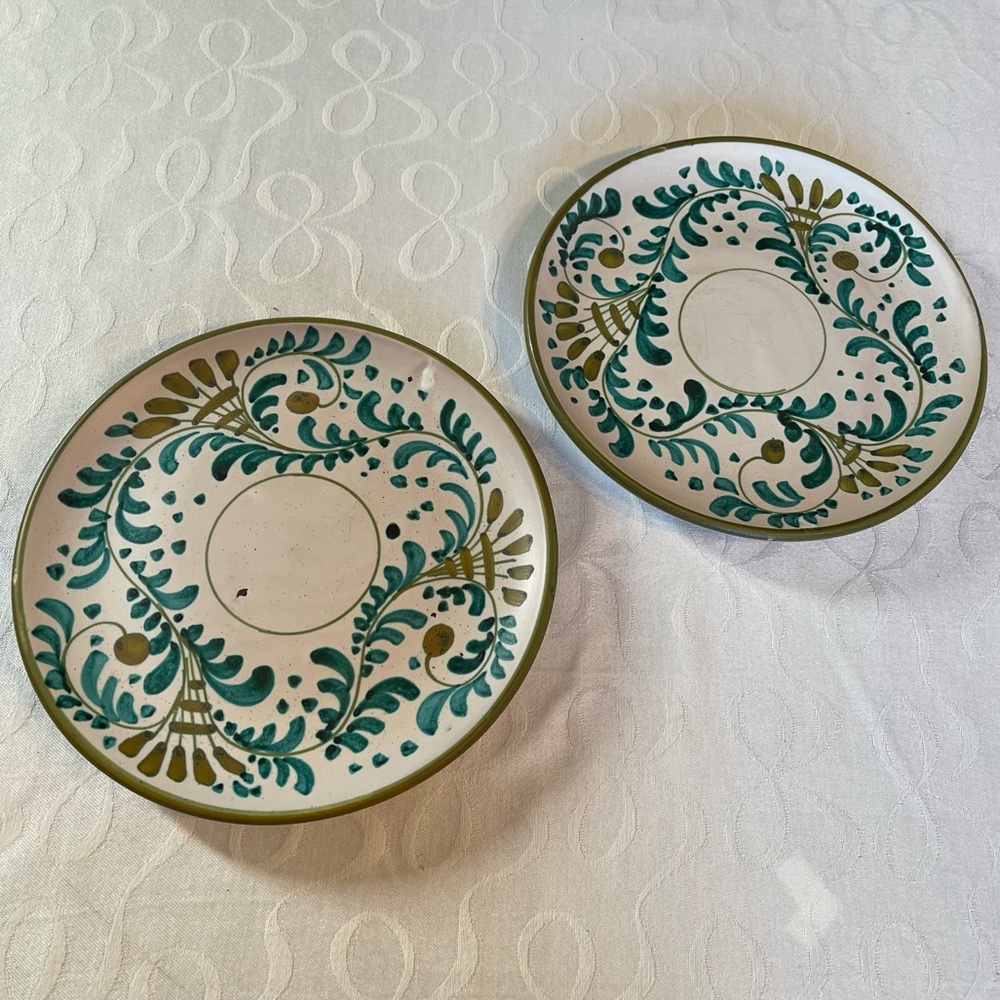 MCM Vintage Howard Holt Handmade Pottery Olive Green/Turquoise Set of 2 Plates